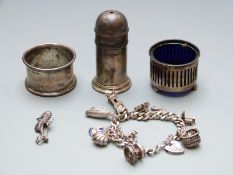 Hallmarked silver open salt with blue glass liner, hallmarked silver salt, hallmarked silver