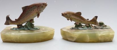 Two cold painted bronze Art Deco style salmon on onyx bases length 13.5cm