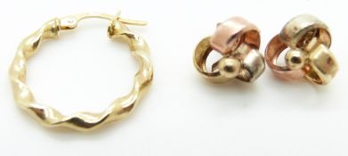 A pair of 9ct gold tri-coloured knot earrings and a 9ct gold earring, 1.3g