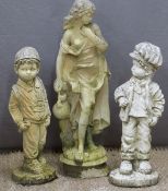Garden statue of a lady draped in a robe, height 67cm and another of two boys