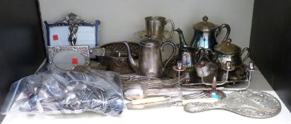 A quantity of silver plated ware including tray, tazza, tea ware, Art Nouveau style double