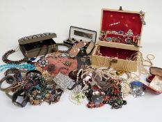 A collection of costume jewellery including beads, marcasite brooch, bracelets, vintage and diamanté