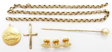 An 18ct gold St Christopher pendant (2.7g), three 9ct gold studs, 9ct gold stick pin, a chain and
