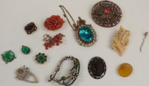 A collection of brooches including paste, coral, Victorian examples, ivory, tortoiseshell etc