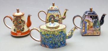 Four enamelled copper miniature teapots decorated with flowers and birds after Van Gogh