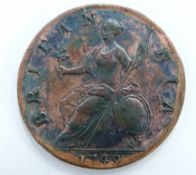 George II 1749 halfpenny, old curaissed bust, some lustre and toning, VF-EF