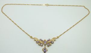 A 9ct gold necklace set with amethysts and cubic zirconia, 7.7g