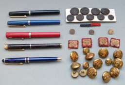 Five pens including Osmiroid and Sheaffer white dot, GPO buttons, Royal Artillery buttons etc