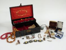 A collection of costume jewellery including filigree earrings, watches, a Victorian silver brooch in