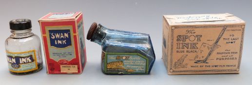 Three glass inkwells or bottles comrising two The Spot Ink and one Swan ink, two in original boxes.