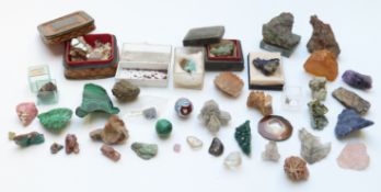 A collection of mineral samples including aurichalcite, azurite, garnets, chalcophyllite,