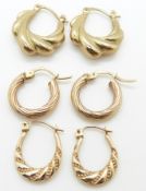 Three pairs of 9ct gold hoop earrings, 3.3g