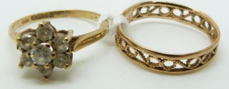 A 9ct gold ring set with cubic zirconia and another 9ct gold ring, 2.6g