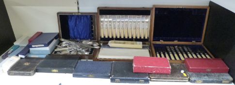 A quantity of mainly boxed silver plated cutlery including two larger canteen type sets