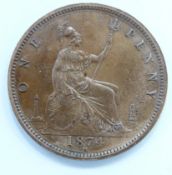 Queen Victoria 1874 bun head bronze penny, Heaton Mint, H in exergue, unc with lustre, proof like