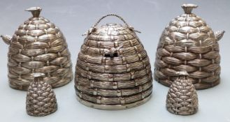Novelty beehive five piece cruet set comprising salt and pepper and three glass lined mustard or