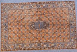 Persian fine wool/silk wall hanging with central blue flower design, interlocking floral surround