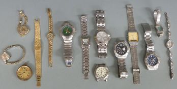 Fourteen various wrist and pocket watches including a 9ct gold ladies wristwatch, Ingersoll, Sekonda