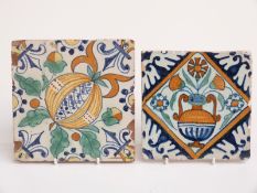 Two 18thC polychrome decorated tiles, largest 15x15cm