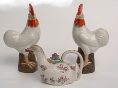 French porcelain Paris figural bird teapot and a pair of porcelain cockerels, H34cm