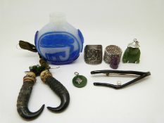 Chinese scent bottle, two jadeite pendants, white metal ring, black coral brooch, Chinese white