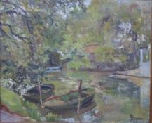 French Impressionist oil on canvas of a boating lake, signed Beguin, 35 x 45cm