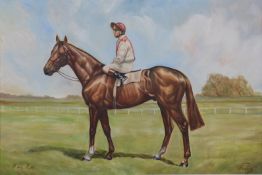 Ian Norbury (modern British) oil on canvas of racehorse Rock Roi and jockey, 49 x 73cm