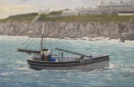 T L Lugg oil on board Cornish beam trawler Energetic PZ 114 with Porthleven in the background, 44