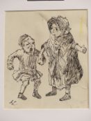 John Leech pen and ink sketch, possibly depicting two street urchins from a Christmas Carol,