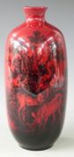 Royal Doulton flambe pedestal vase decorated with deer, H29cm