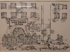 McLachlan pen and ink cartoon Wormhurst high security prison, signed top right (29 x 29cm)