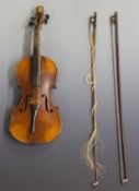 Lions head late 19th/early 20thC unlabelled violin with boxwood purfling and two piece 36cm flame