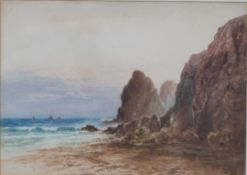 W H Dyer watercolour 'Mullion Cornwall' maritime beach scene, 28 x 37cm, in gilt frame