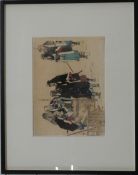 A Japanese 19thC print depicting Samurai warriors drinking water at a well, 22 x 31cm