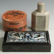 Chinese hardwood box inlaid with mother of pearl, another Chinese lacquer box and a Chinese tea