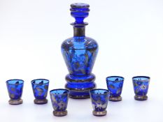 Silver overlaid blue glass drinking set with decanter (22cm tall) and six glasses