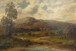 H G Heald oil on canvas of ruins in landscape with sheep, 30 x 45cm