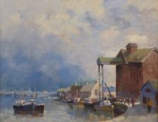 Charles Smith FRSA oil or acrylic on board Wells-by-the-Sea, harbour scene with boats and warehouse,