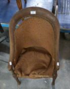 19thC upholstered child's chair and an enamelled jam pan