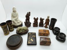 Chinese figures, stands, tortoiseshell boxes, lacquer pots, blanc de chine figure etc