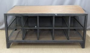 Ex Superdry industrial style table or shop fitting / haberdashery display stand with wooden top