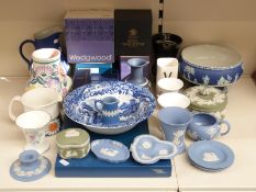 A quantity of ceramics including Wedgwood Jasperware, boxed Royal Worcester, Poole vase, retro