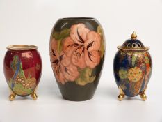 Moorcroft vase and Crown Devon lustre vases, tallest 19cm