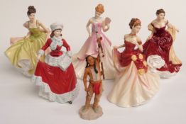 Five Royal Doulton figurines including Winter, Winter Ball etc and one other, tallest 24cm
