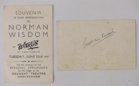 Two Norman Wisdom autographs on Wards of Cheltenham souvenir cards dated 1959