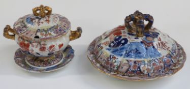 19thC Masons patent ironstone tureen and cover and a similar gravy/sauce tureen with underplate,