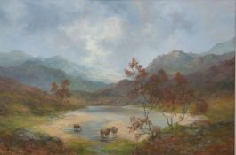 Prudence Turner (b1930) oil on canvas cattle watering in a Highland river valley, signed lower left,