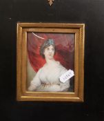 19thC portrait miniature on ivory of a lady, titled verso Mrs G Locke, 9.5 x 8cm in ornate part gilt