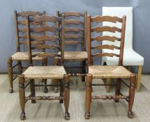 Four ladderback chairs, two Ercol dining chairs and a modern chair
