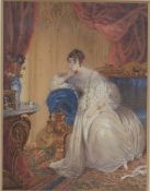 19thC watercolour of a lady in white lace dress within a fine period interior, 19 x 14cm